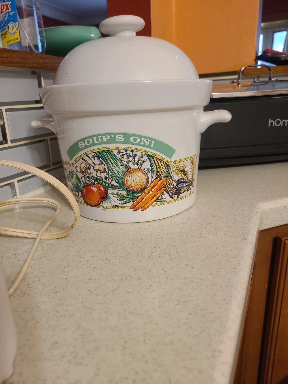 Vintage White Ceramic Soup Tureen with Colorful Vegetable Motif